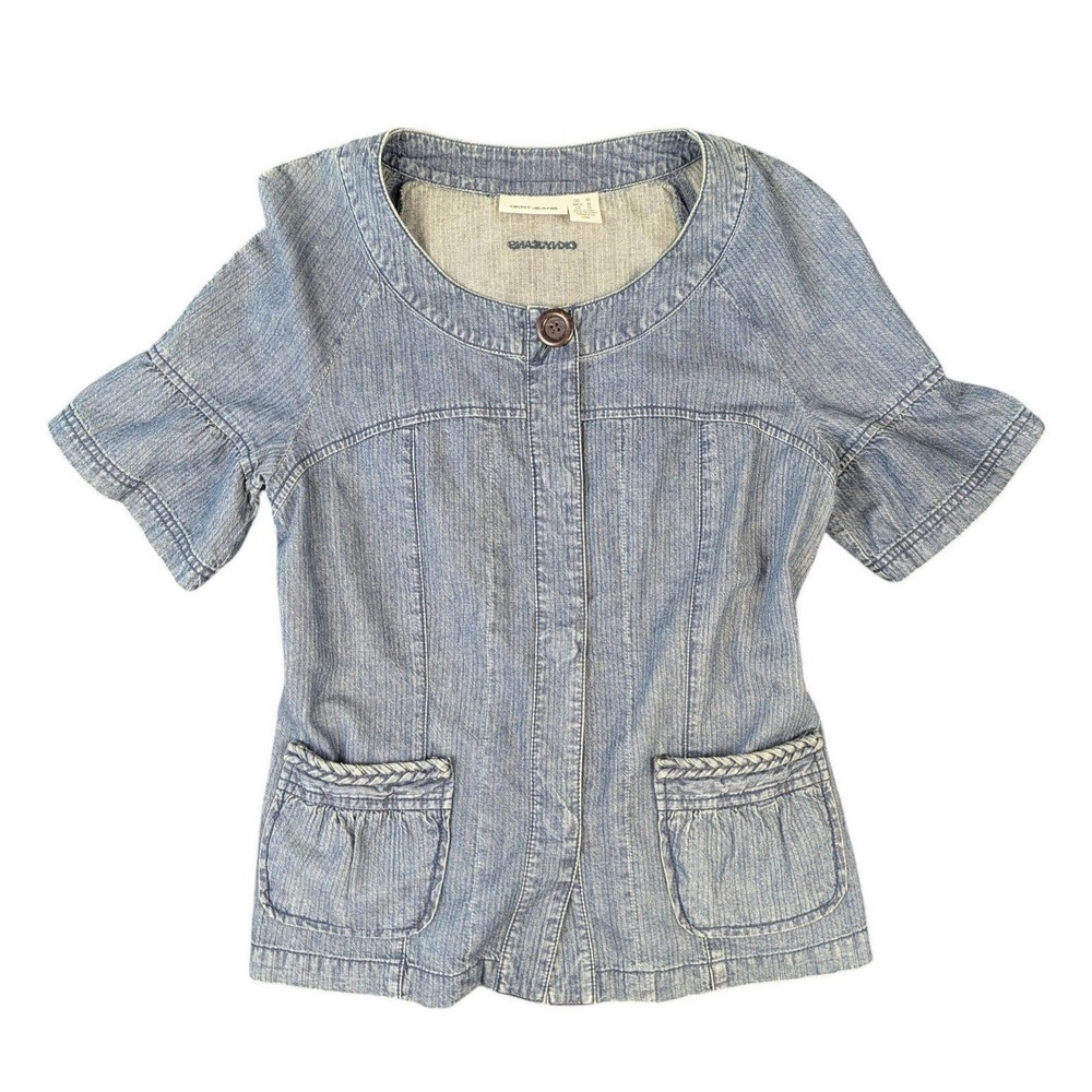DKNY Jeans Women Medium Blue Cotton Herringbone Short Sleeve Denim Jacket Boho